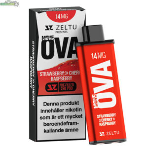 ZELTU X3 förfylld pod OVA Strawberry Cherry Raspberry med smak av jordgubbar, körsbär och hallon. 2 ml e-juice, 14 mg/ml nikotin och upp till cirka 800 puffar.